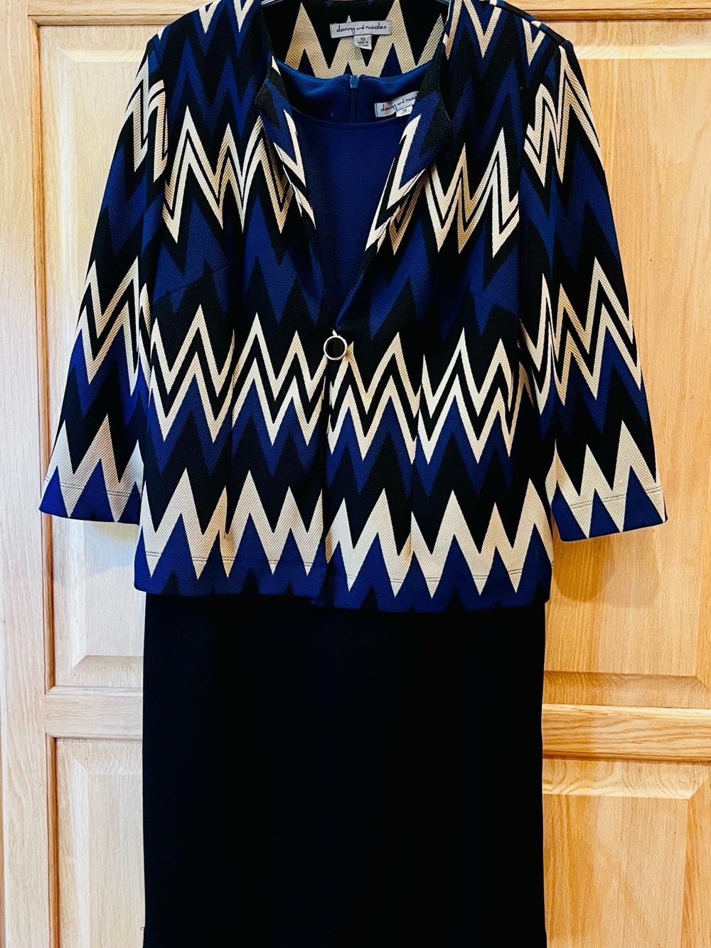 Danny & Nicole Blue, Black and Cream Chevron Sleeveless Dress and Jacket Set.